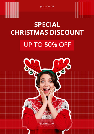 Funny Woman on Special Christmas Discount Red Poster Design Template