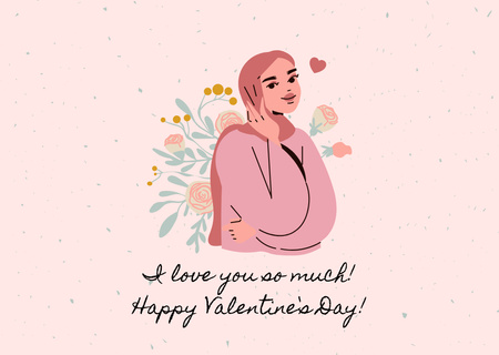Happy Valentine's Day Holiday Greeting with Muslim Woman Card Design Template
