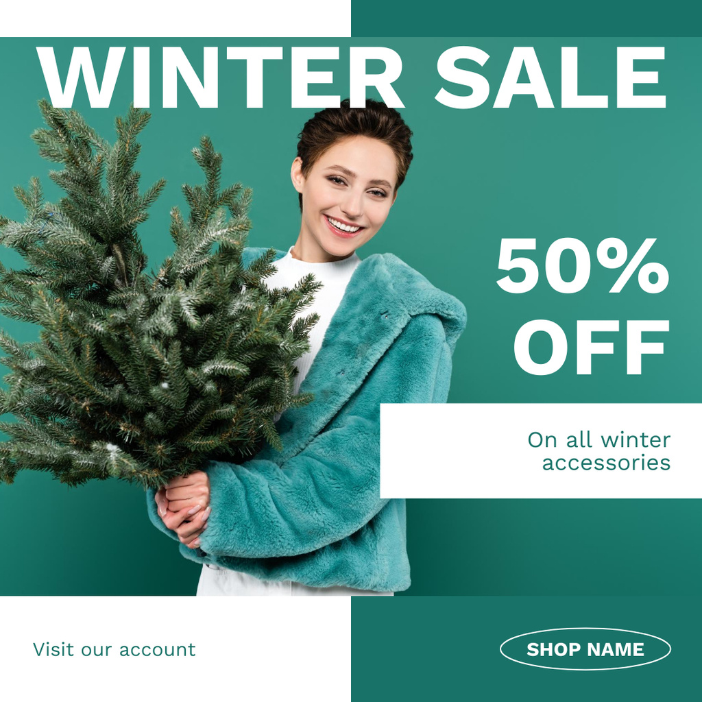 Winter Accessories Sale Announcement with Woman in Fur Coat Instagram tervezősablon