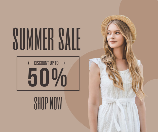 Summer Sale Ad with Woman in Light Outfit Facebook Πρότυπο σχεδίασης