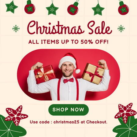 Christmas Sale Announcement with Man in Santa Hat Instagram Design Template