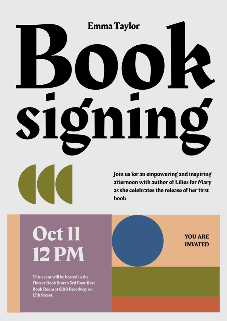 Book Signing Announcement in October Poster A3 Design Template