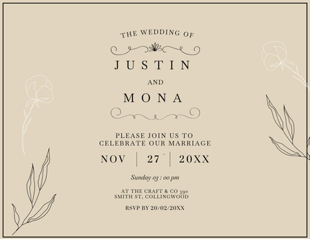 Plantilla de diseño de Anuncio de celebración de boda en beige Invitation 13.9x10.7cm Horizontal 