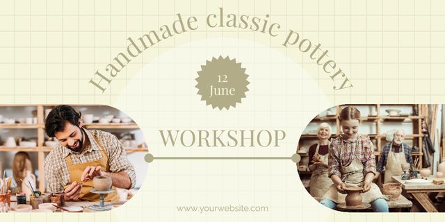 Pottery Workshop Ad with People Working on Potters Wheel Twitter Design Template
