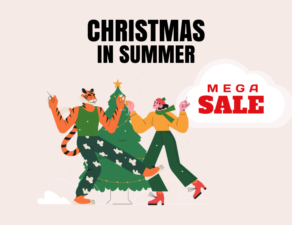 Tiger Character Dancing And Summer Christmas Sale Announcement Flyer 8.5x11in Horizontalデザインテンプレート