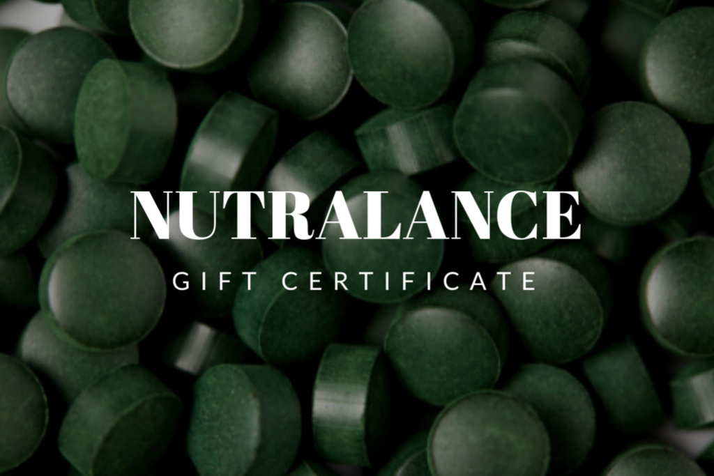 Designvorlage Nutritional Supplements with Green Pills für Gift Certificate