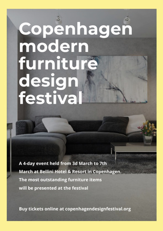 Interior Decoration Event Announcement with Sofa in Grey Flyer A4 Design Template