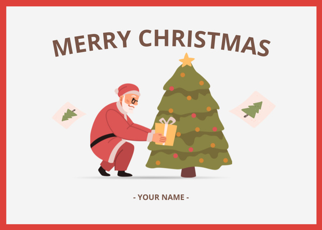 Designvorlage Christmas Greeting with Santa Puting Present near Tree für Postcard 5x7in