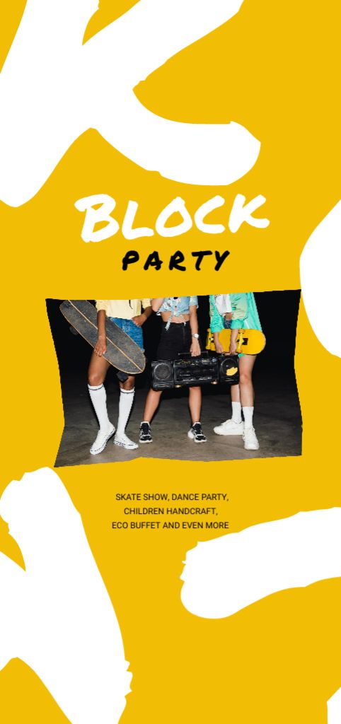 Block Party Announcement with Girls with Skateboard and Boombox Flyer DIN Large Šablona návrhu