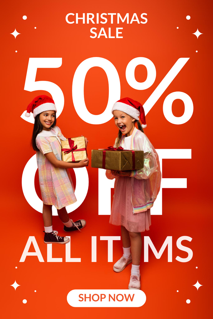 Platilla de diseño Cute Little Girls in Santa Hats Holding Gifts on Christmas Sale Pinterest