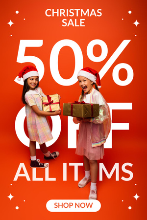 Cute Little Girls in Santa Hats Holding Gifts on Christmas Sale Pinterest Design Template