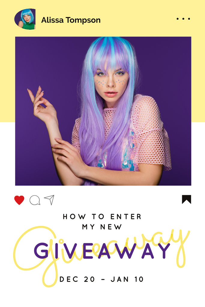 Platilla de diseño Giveaway Promotion with Woman with Purple Hair Pinterest