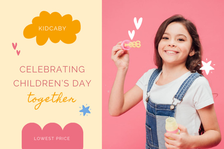 Platilla de diseño Children's Day With Girl blowing Soap Bubbles Postcard 4x6in