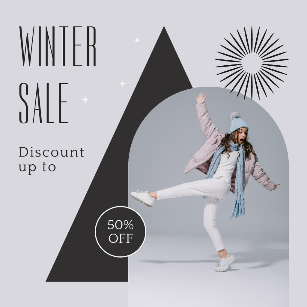 Ontwerpsjabloon van Instagram AD van Winter Sale Announcement with Cheerful Woman in Warm Clothes
