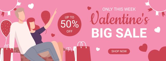 Ontwerpsjabloon van Facebook cover van Big Valentine's Day Sale with Couple in Love With Hearts