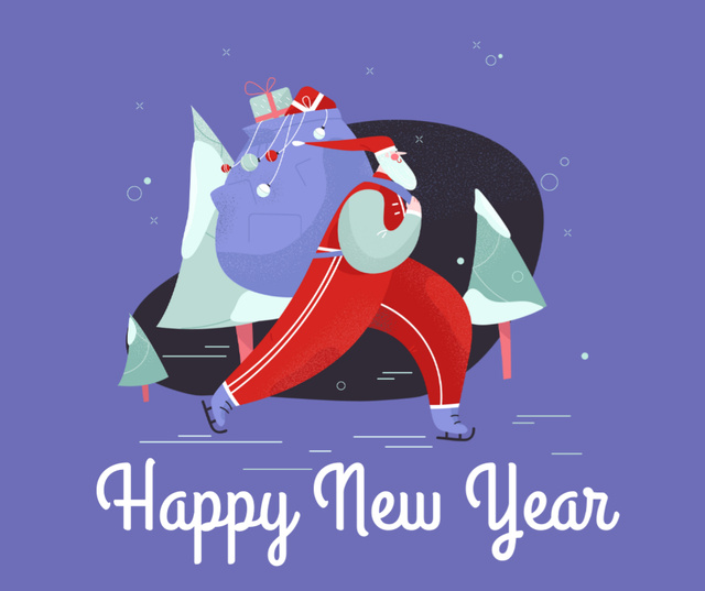 Happy New Year Greetings With Santa Claus Skating Facebook Tasarım Şablonu