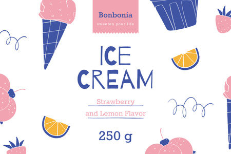 Plantilla de diseño de Anuncio de helado con conos y frutas en rosa Label 