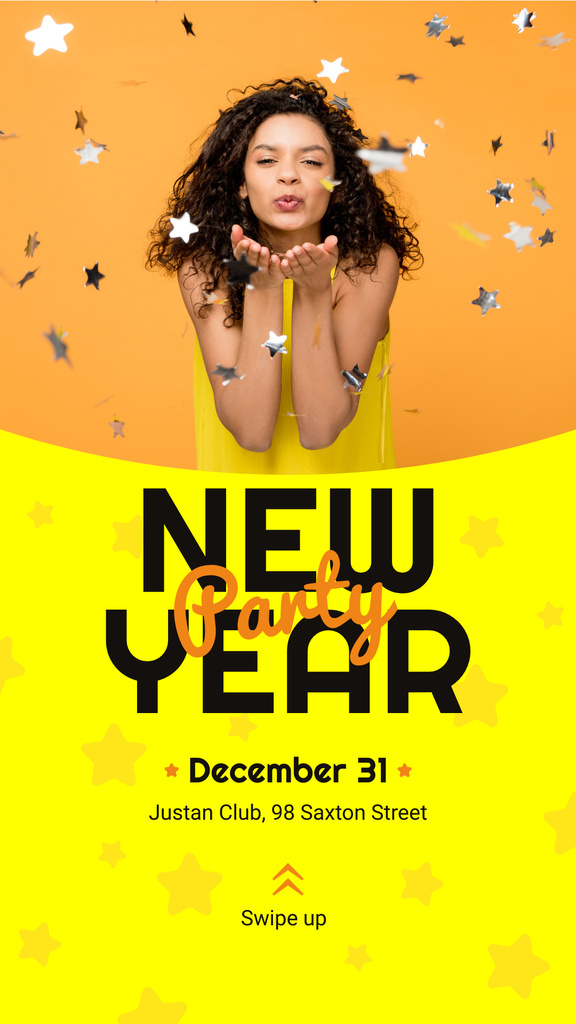 Designvorlage New Year Party Invitation Girl Blowing Confetti für Instagram Story