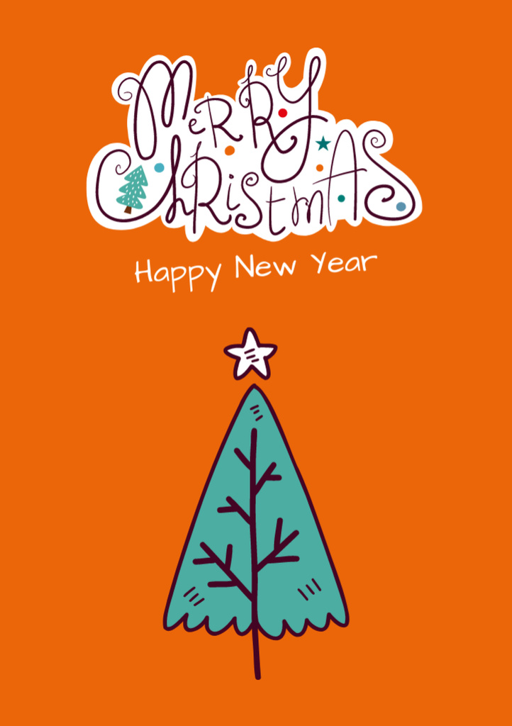 Christmas and New Year with Lovely Holiday Tree Postcard A5 Vertical Design Template