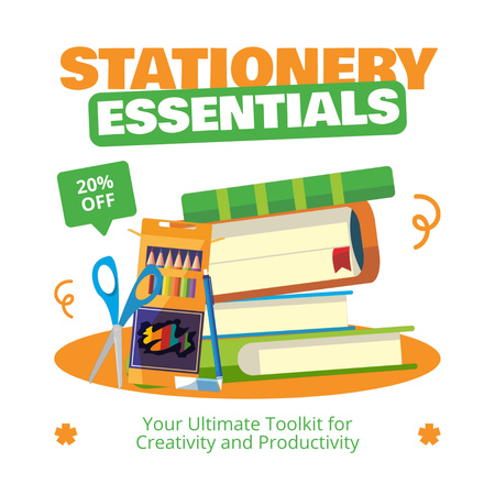 Stationery Essentials Ad with Books and Pencils Animated Post Design Template