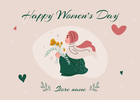 Women's Day Greeting with Muslim Woman in Hijab Card Design Template