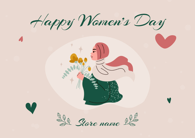 Women's Day Greeting with Muslim Woman in Hijab Card Πρότυπο σχεδίασης