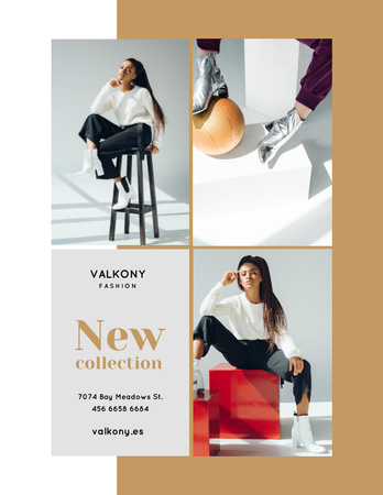 Kadın Giyim Reklamı ile Sandalyede Tek Renkli Kıyafetli Kadın Poster 8.5x11in Tasarım Şablonu