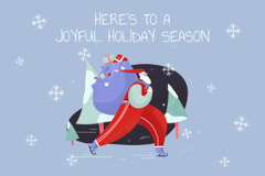 Christmas and New Year Greetings with Santa Skating on Blue