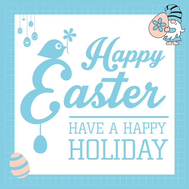 Happy Easter Wishes with Cute Gnome Holding Easter Egg Instagram Design Template