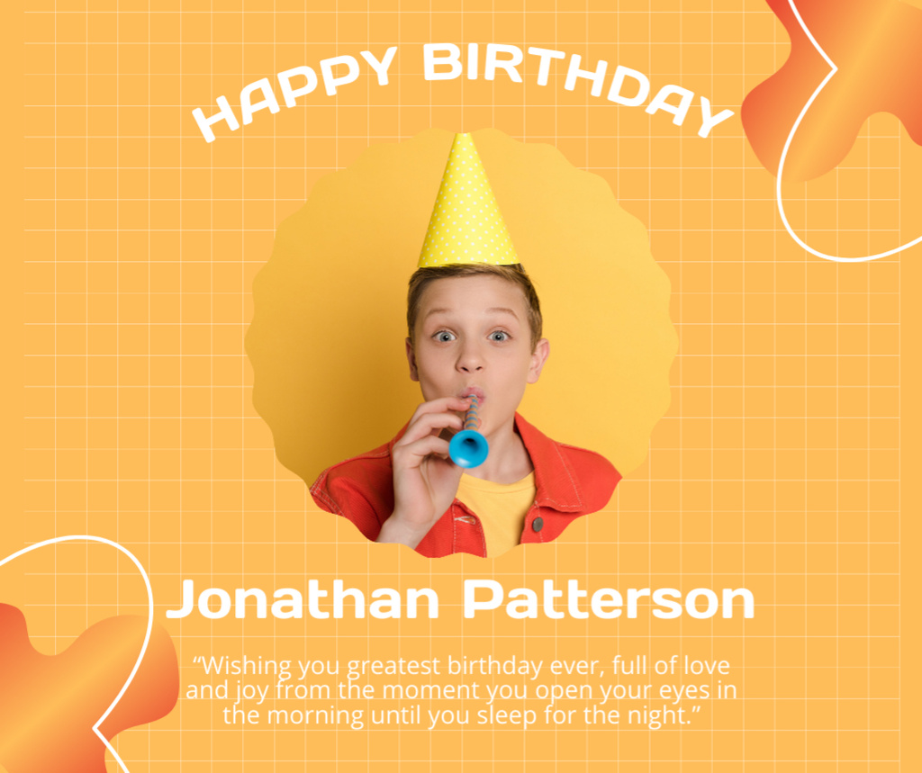Happy Birthday with Cheerful Boy on Orange Facebook Design Template