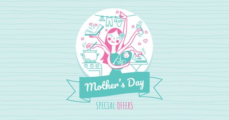 Ontwerpsjabloon van Facebook AD van moederdag aanbod met multitasking moeder
