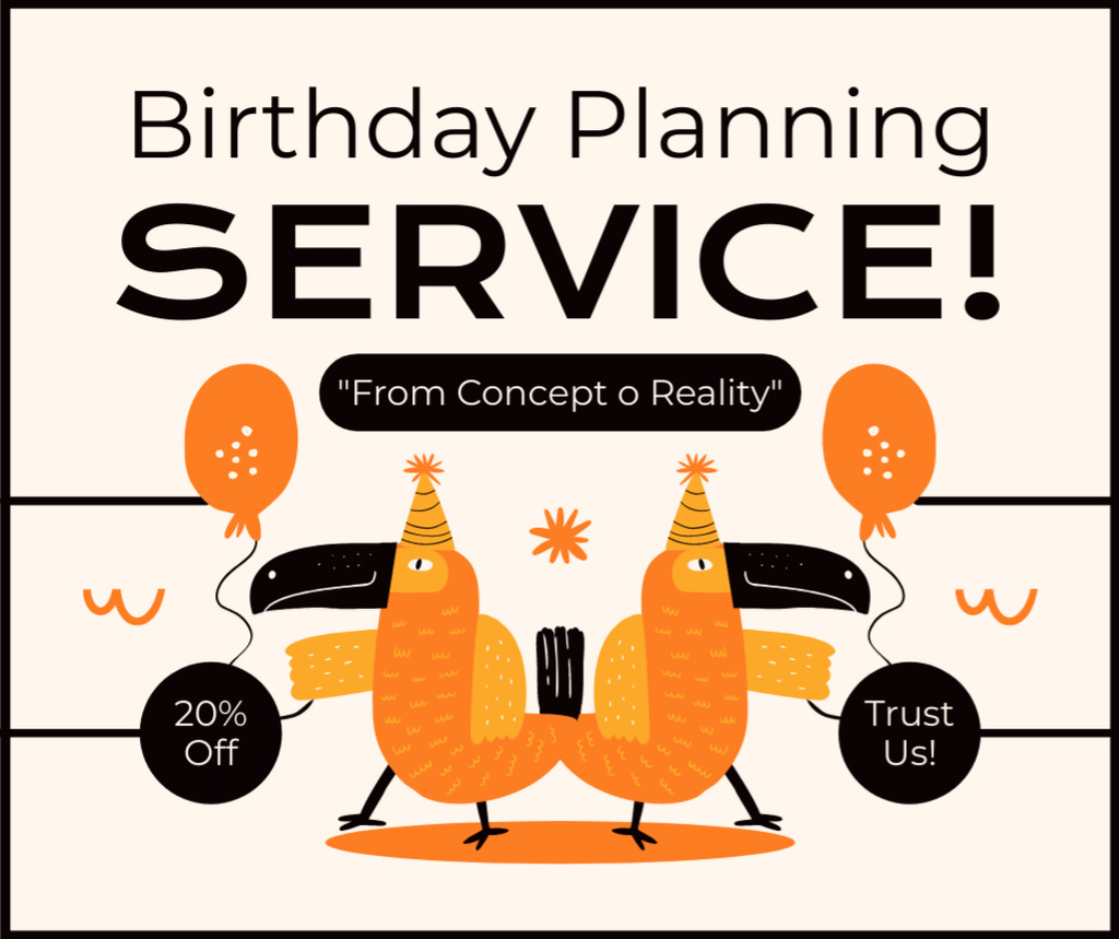 Birthday Party Planning Discount with Orange Parrots Facebook Design Template
