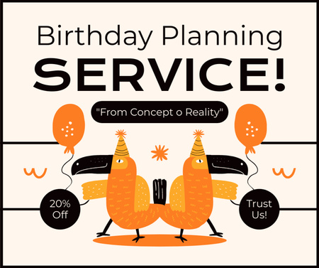 Designvorlage Rabatt für die Planung von Geburtstagsfeiern mit Orangenpapageien für Facebook