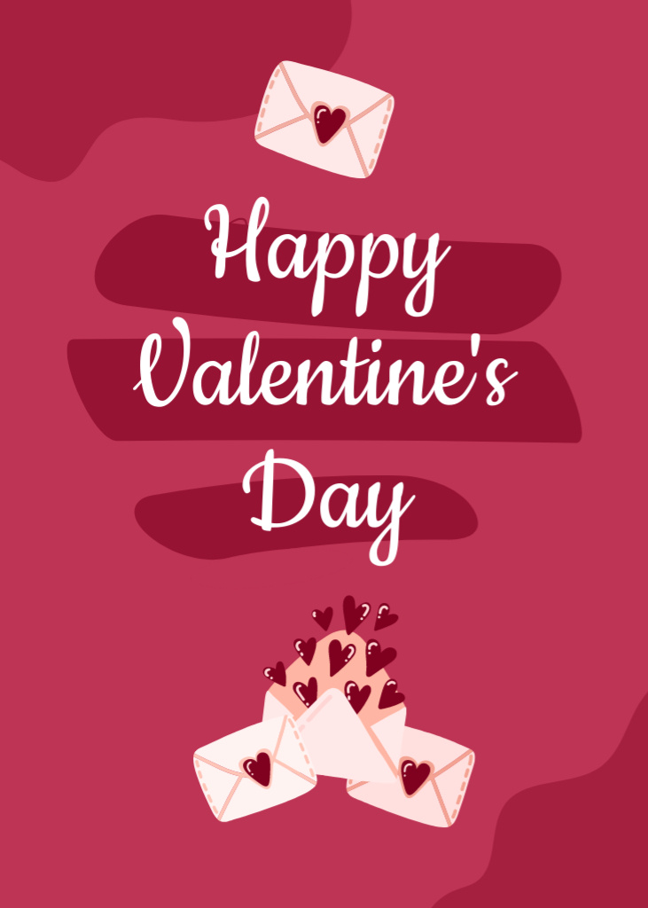 Valentine's Day Greeting with Envelopes and Hearts on Red Postcard 5x7in Vertical Tasarım Şablonu