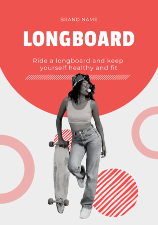 Designvorlage Stilvolle schwarze Frau mit Longboard für Poster 28x40in