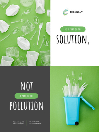 使い捨て食器とプラスチック廃棄物への影響の概念 Poster USデザインテンプレート