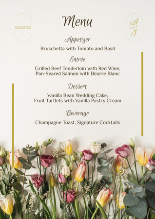 Wedding Dishes List with Roses on Background Menu Design Template