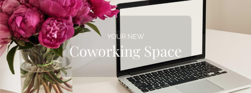 Coworking Space Ad with Laptop and Flowers Facebook coverデザインテンプレート