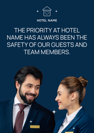 Hotel Mission Description with Young Man and Woman in Uniform Flyer A6 Modelo de Design