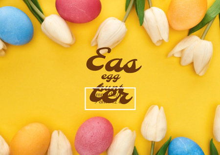 Platilla de diseño Easter Egg Hunt Announcement with Colorful Eggs and Tulips Flyer A5 Horizontal