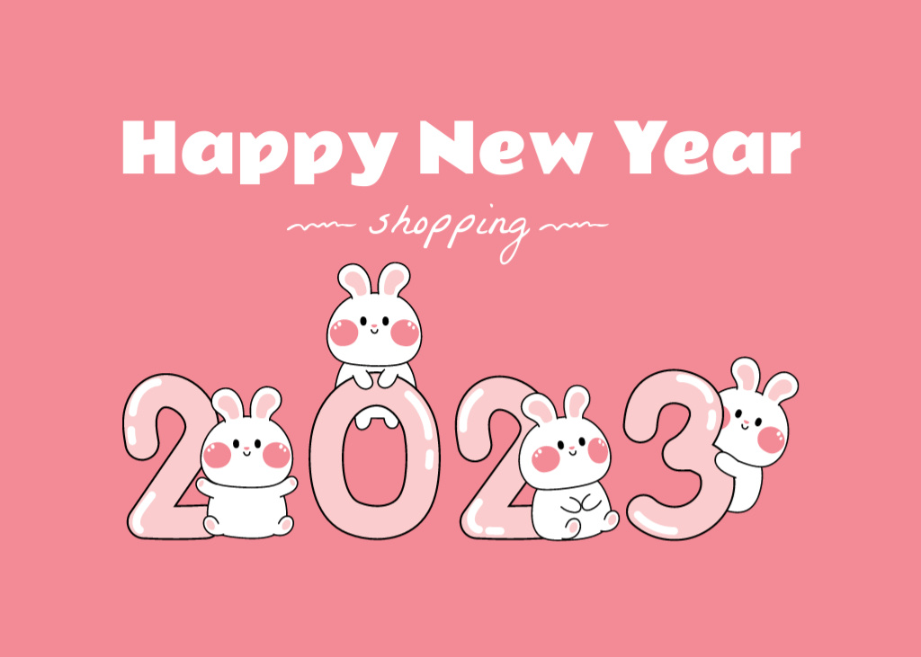New Year Holiday Greeting with Cute Rabbits Postcard 5x7in Modelo de Design