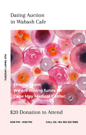 Anúncio de leilão de namoro em flores em aquarela rosa Invitation 4.6x7.2in Modelo de Design