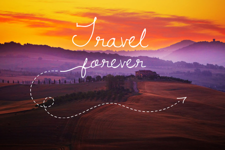 Platilla de diseño Motivational Travel Quote With Bright Sunset Landscape Postcard 4x6in