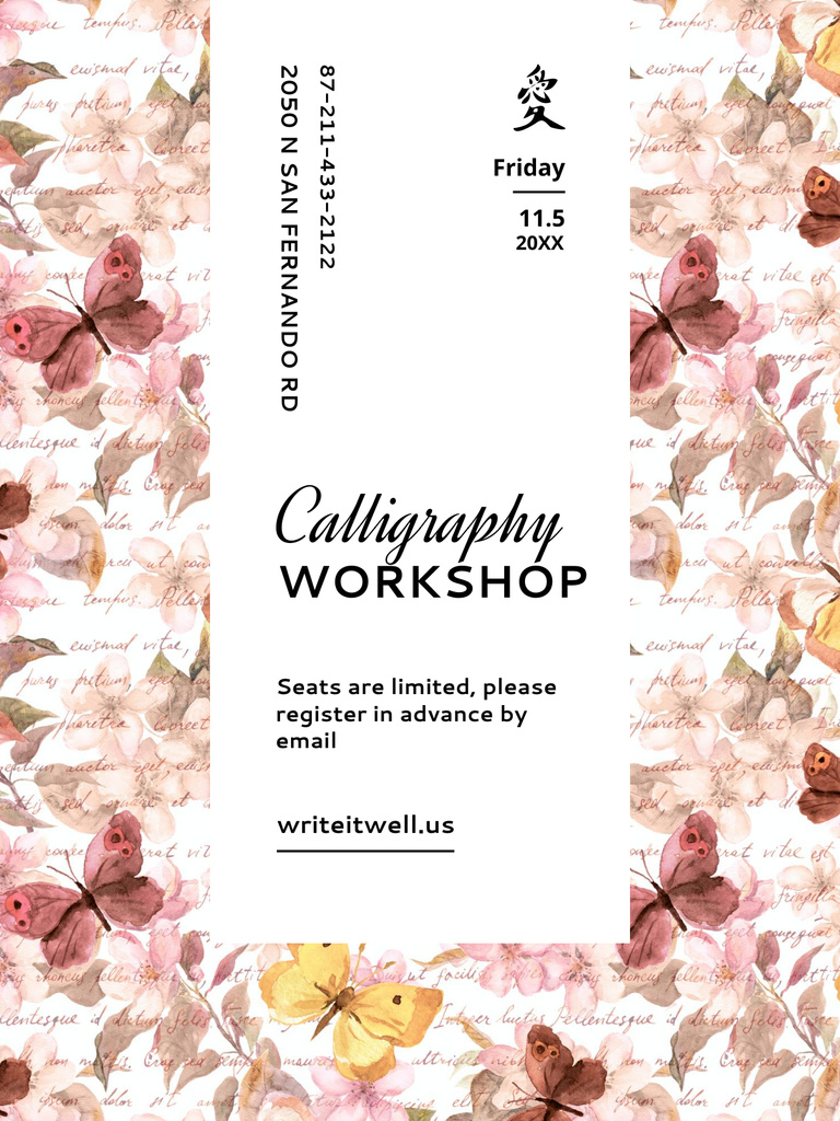 Calligraphy Workshop Announcement Watercolor Flowers Poster USデザインテンプレート