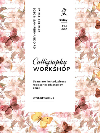 Calligraphy Workshop Announcement Watercolor Flowers Poster US Design Template