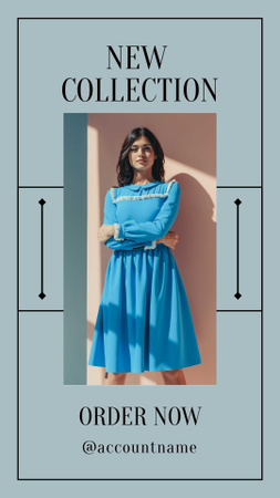 New Collection Ad with Woman in Blue Dress Instagram Story Design Template