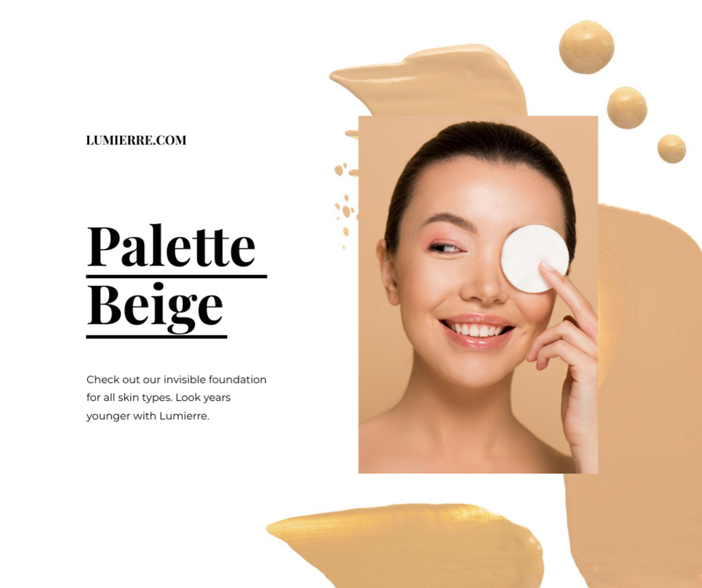 Makeup Foundation promotion with smiling Woman Facebook Design Template