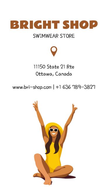 Designvorlage Swimwear Shop Advertisement with Attractive Woman on Beach für Business Card US Vertical