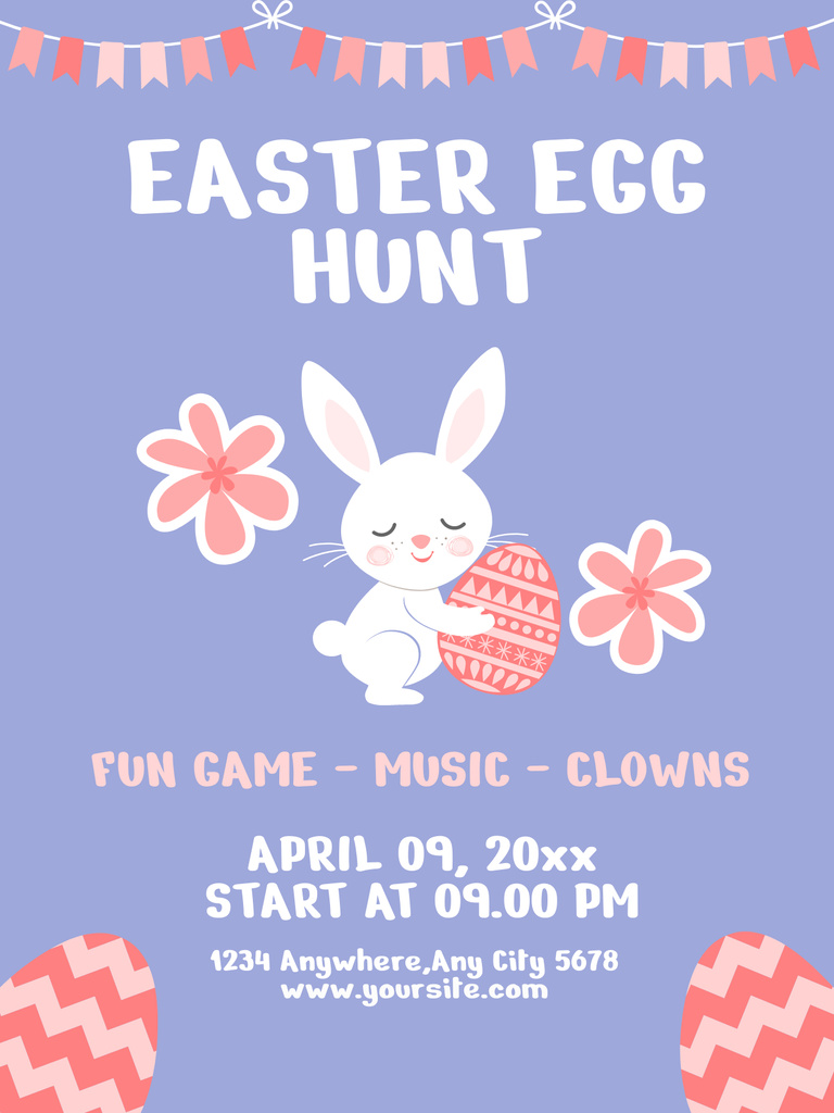 Easter Egg Hunt Announcement with Illustration of Easter Rabbit and Painted Eggs Poster US Design Template