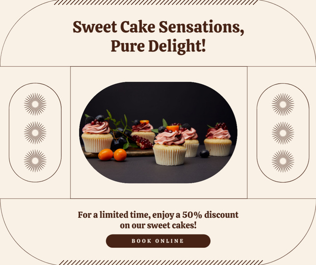 Delightful Cupcakes Ad on Beige Facebook Design Template